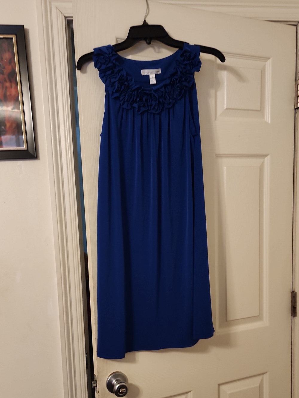 London Times Sleeveless Ruffle-Neck Midi Dress in Royal Blue